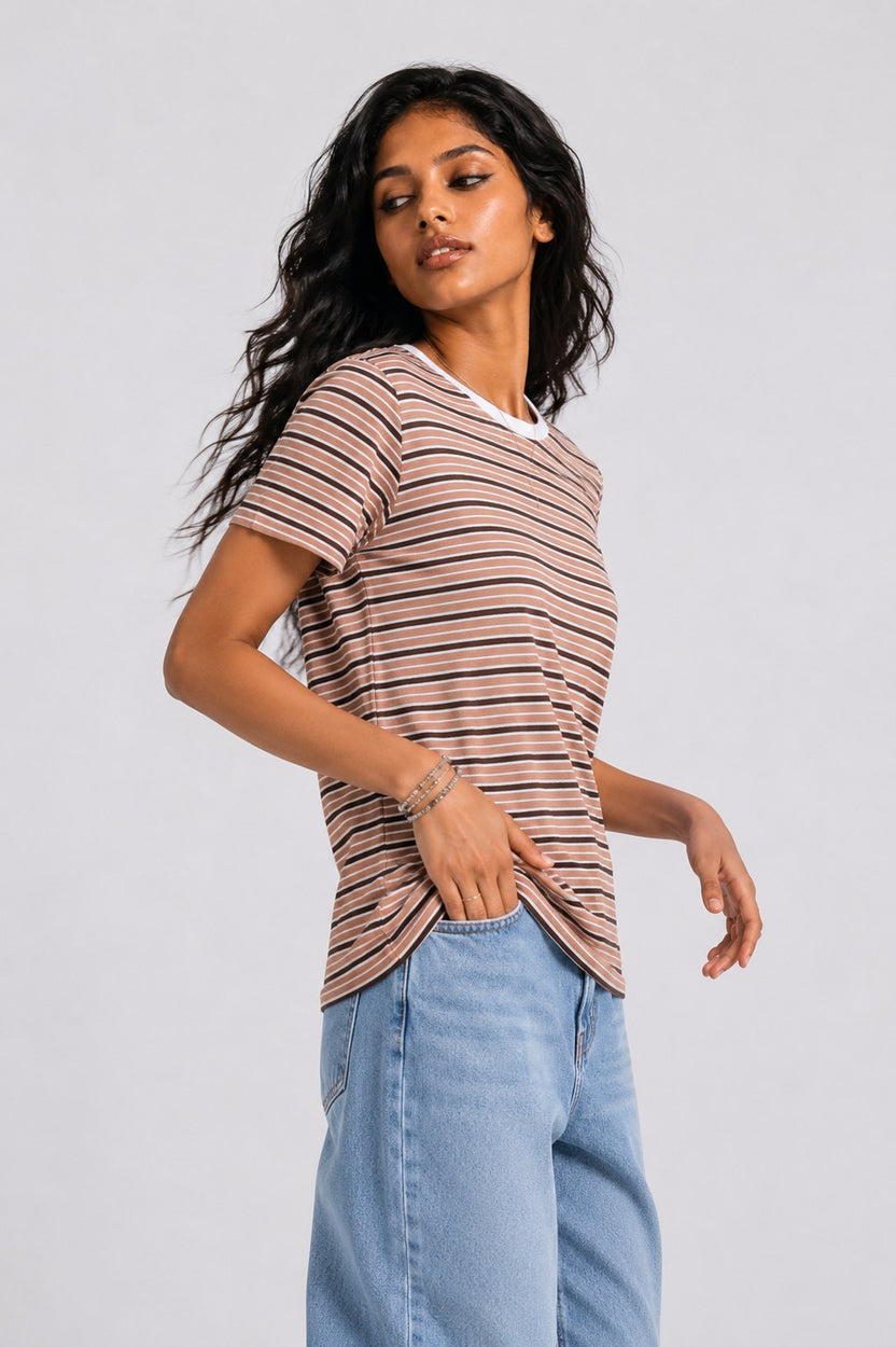 Womens Regular Fit Brown Striped T-Shirt - Image 4