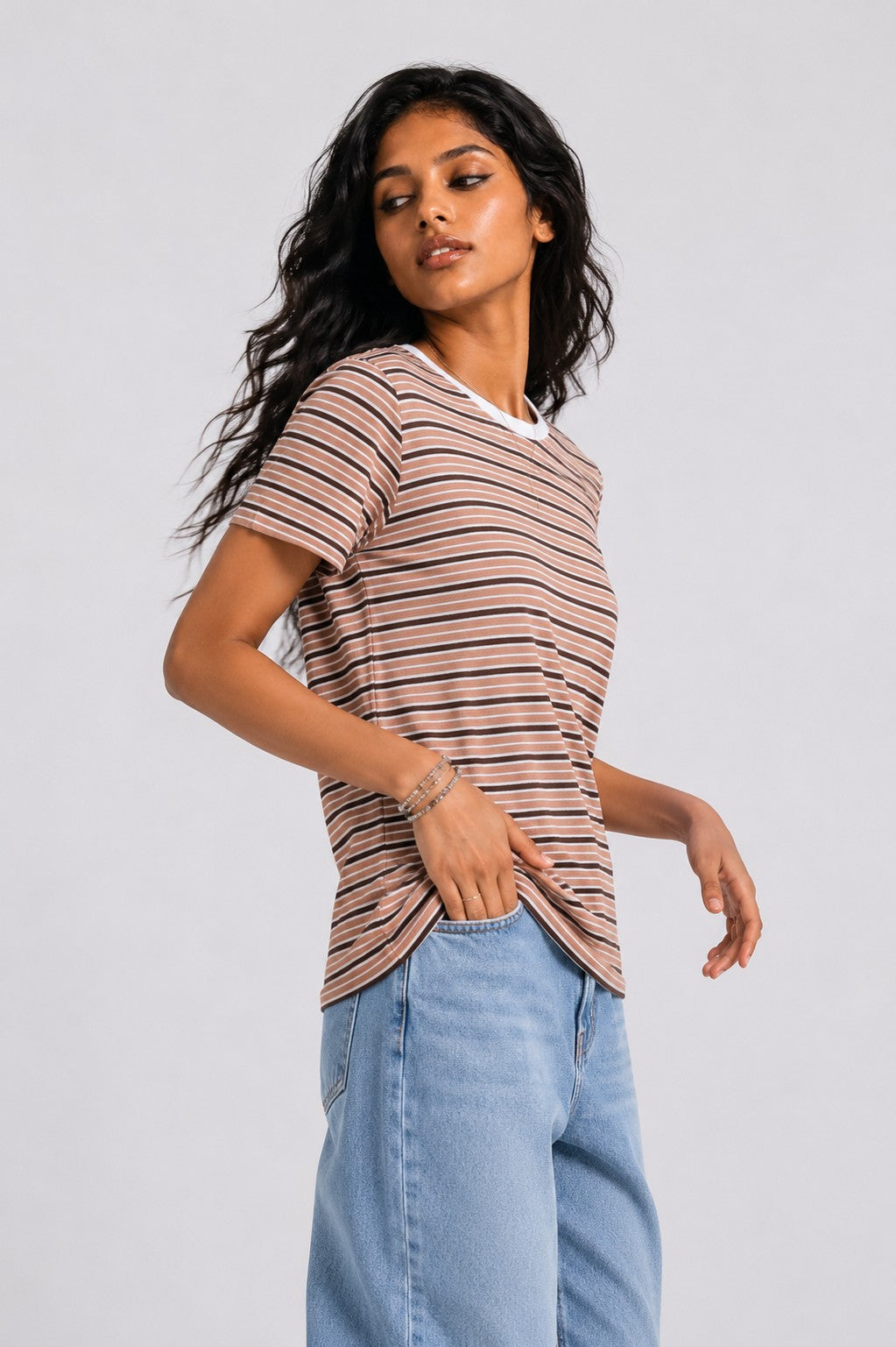 Womens Regular Fit Brown Striped T-Shirt - Image 4