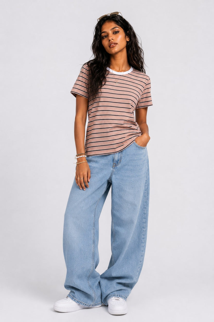 Womens Regular Fit Brown Striped T-Shirt - Image 6