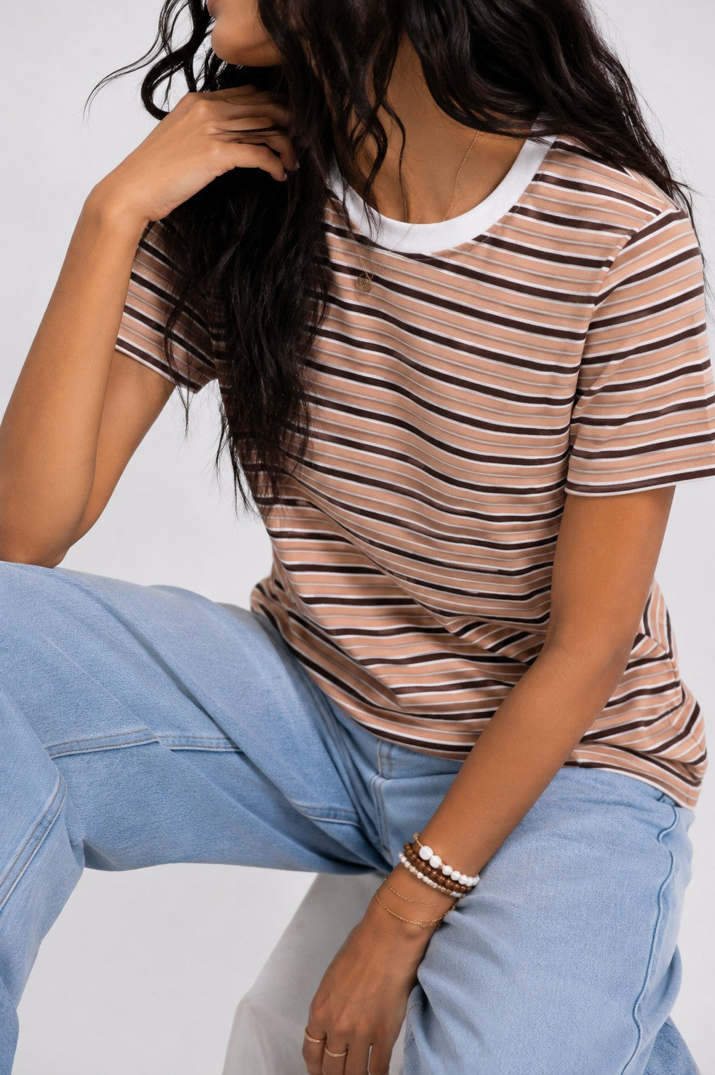 Womens Regular Fit Brown Striped T-Shirt - Image 9