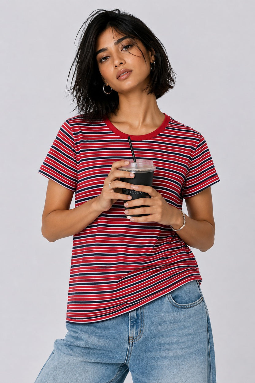 Womens Regular Fit Red Striped T-Shirt - Image 1