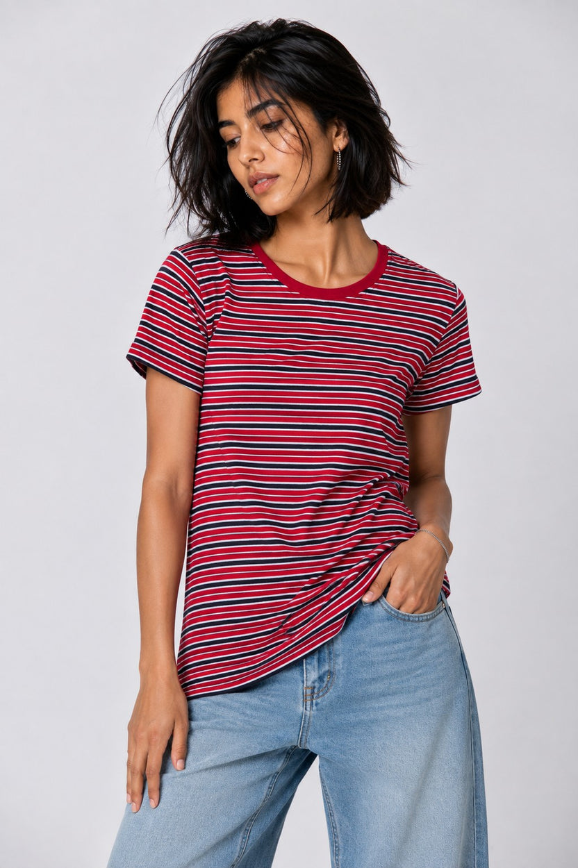 Womens Regular Fit Red Striped T-Shirt - Image 2