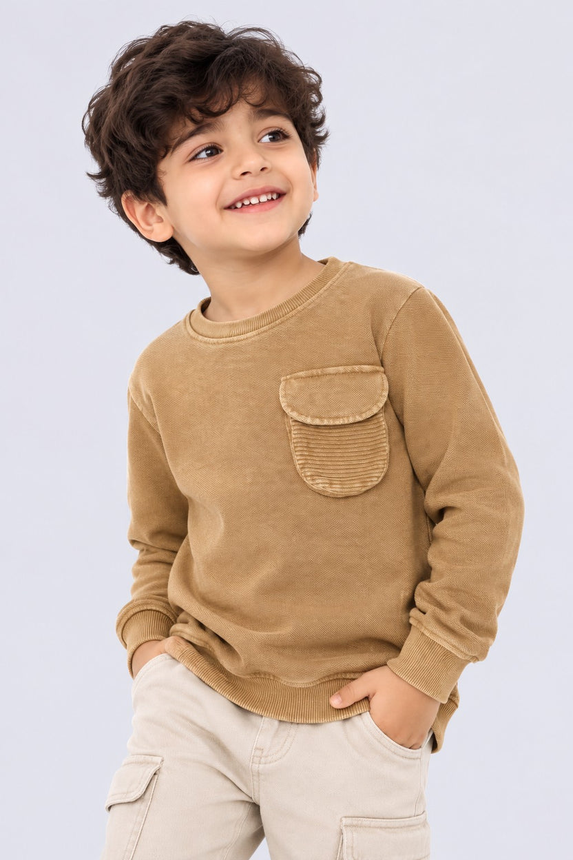 Boys Regular Fit Tan Solid Sweatshirt - Image 1