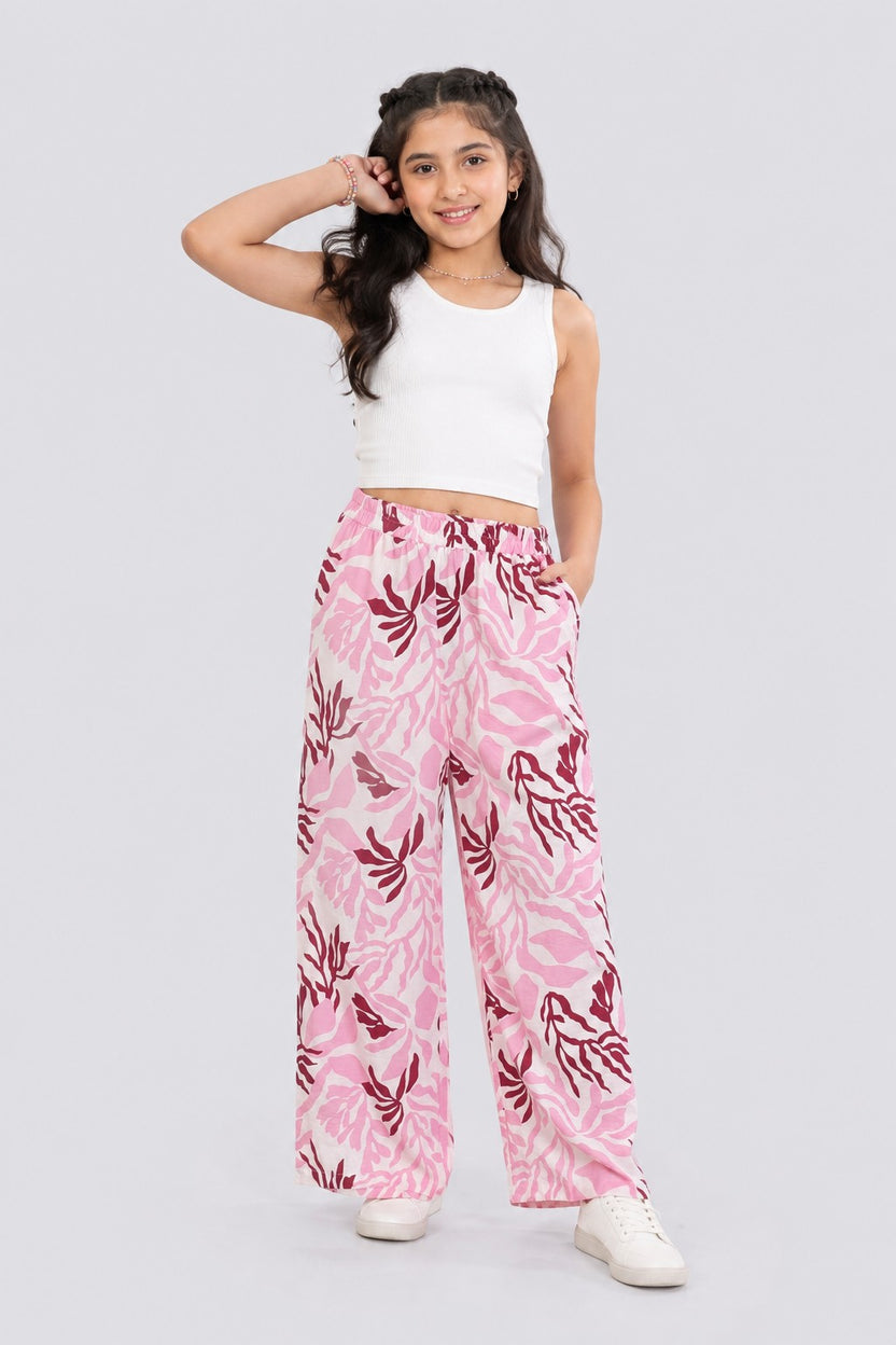 Tweens Girls Wide Leg Pink Printed Pants - Image 1