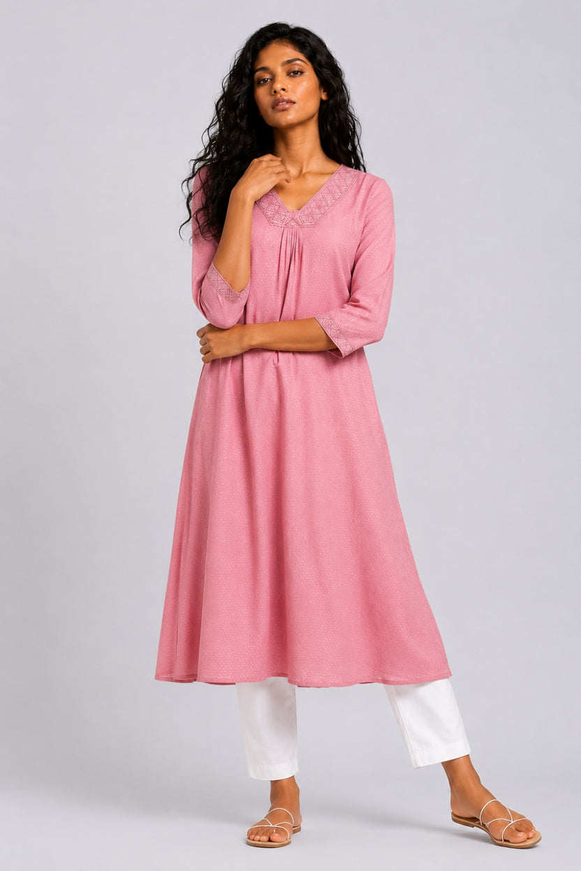 Womens Flared Embroidered Pink Festive Wear Kurta - Image 2