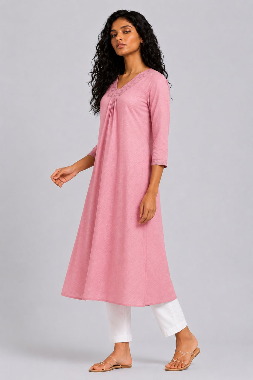 Womens Flared Embroidered Pink Festive Wear Kurta - Image 4