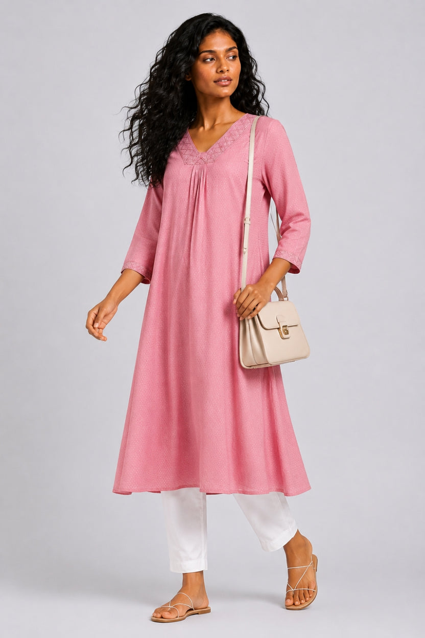 Womens Flared Embroidered Pink Festive Wear Kurta - Image 6