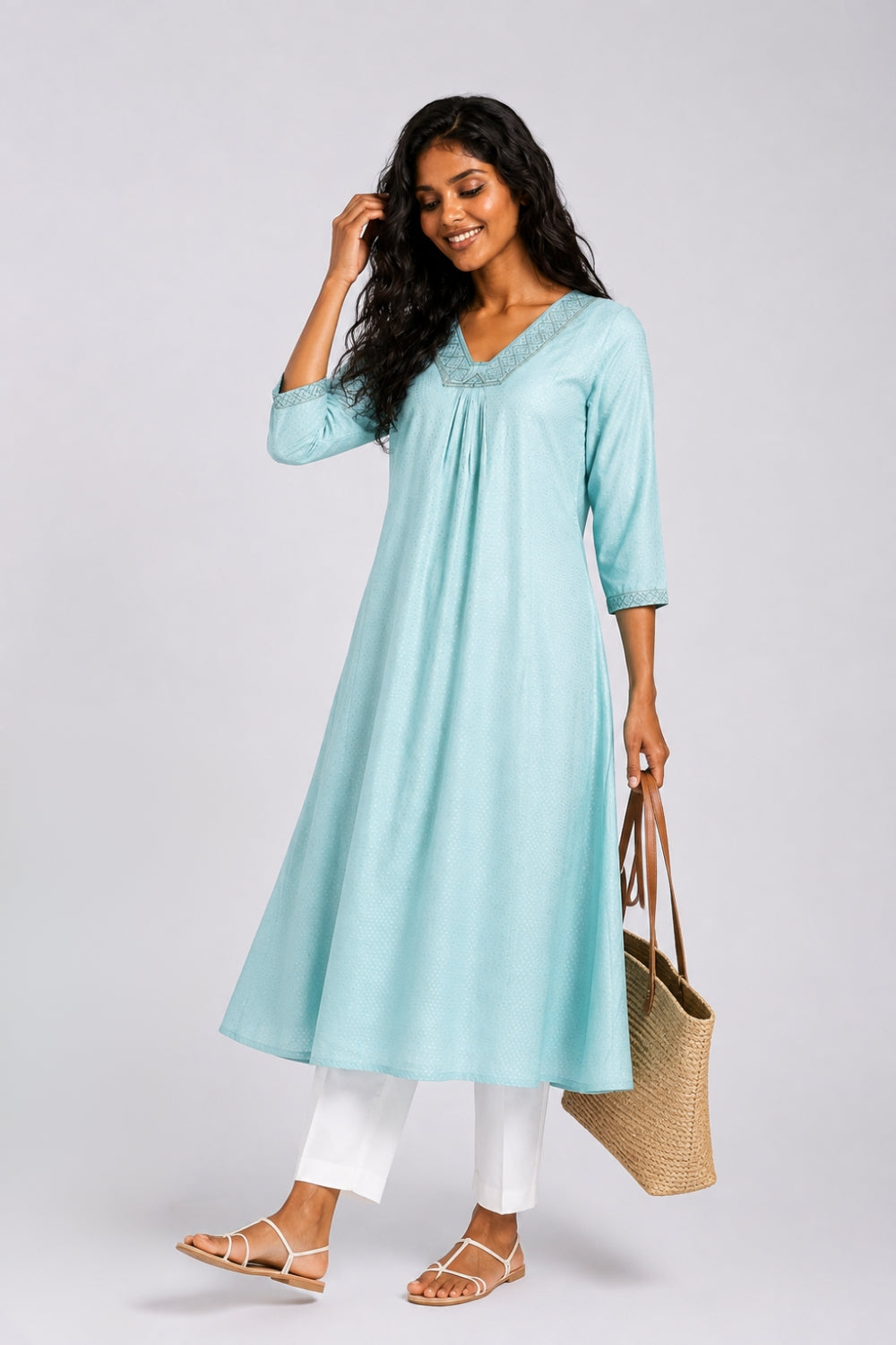 Womens Flared Embroidered Blue Festive Wear Kurta - Image 1