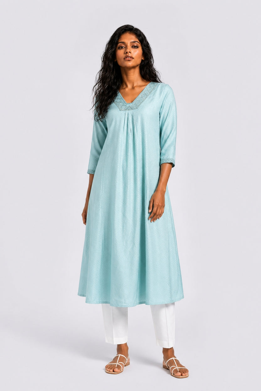 Womens Flared Embroidered Blue Festive Wear Kurta - Image 2