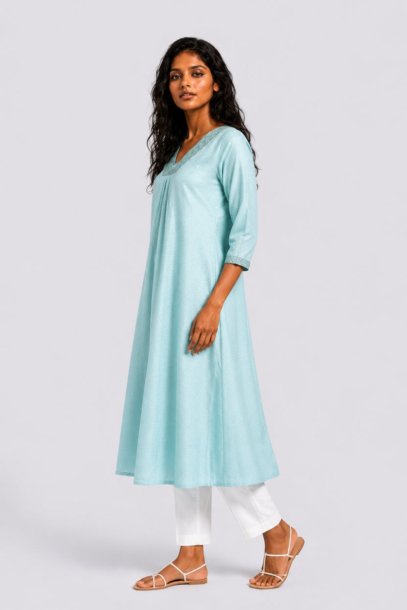 Womens Flared Embroidered Blue Festive Wear Kurta - Image 4