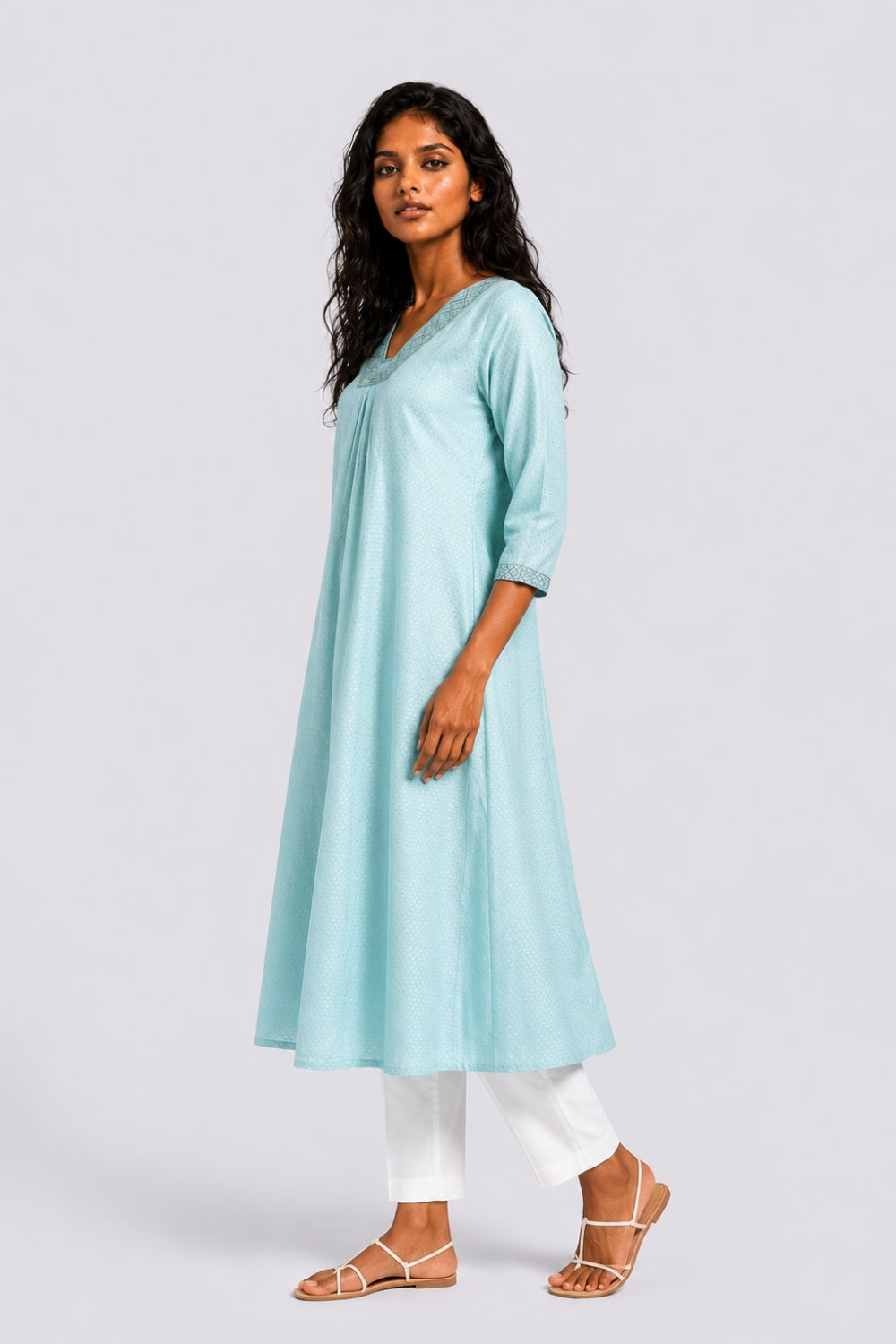Womens Flared Embroidered Blue Festive Wear Kurta - Image 4