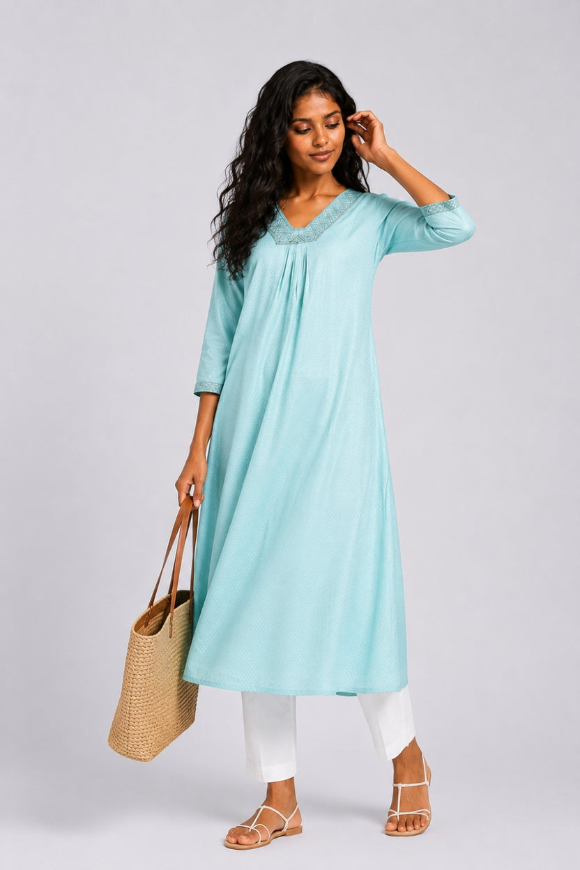 Womens Flared Embroidered Blue Festive Wear Kurta - Image 6