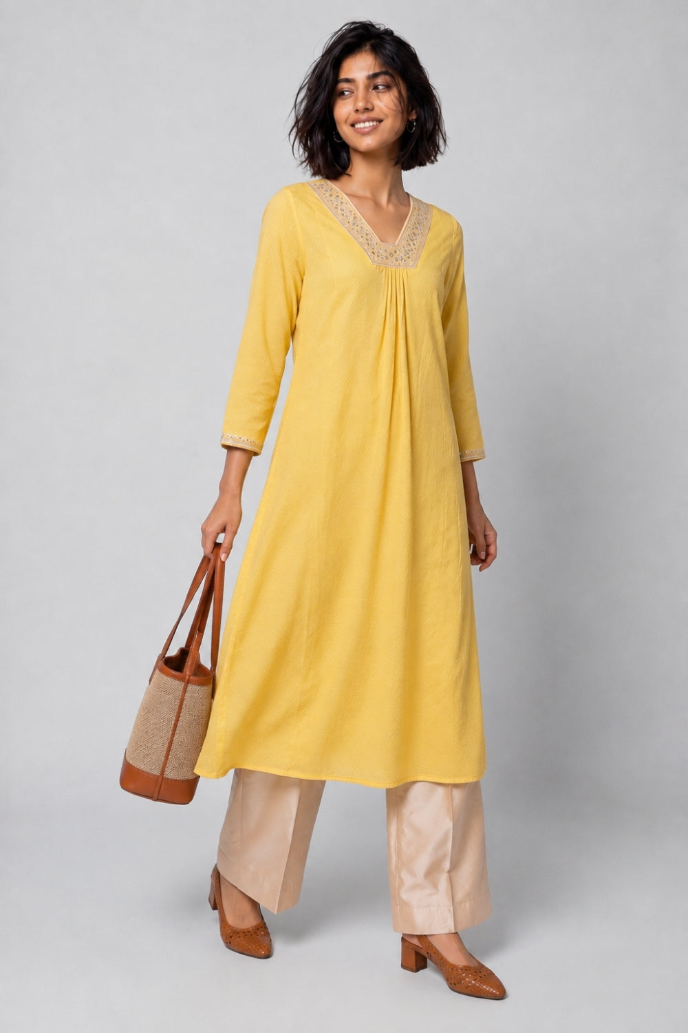 Womens Flared Embroidered Yellow Festive Wear Kurta - Image 1