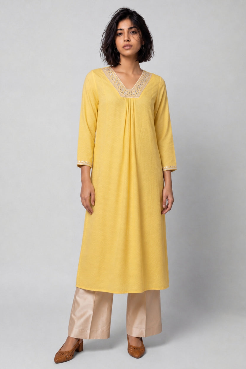 Womens Flared Embroidered Yellow Festive Wear Kurta - Image 2