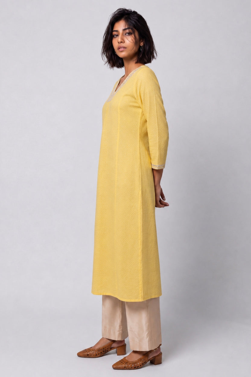 Womens Flared Embroidered Yellow Festive Wear Kurta - Image 4