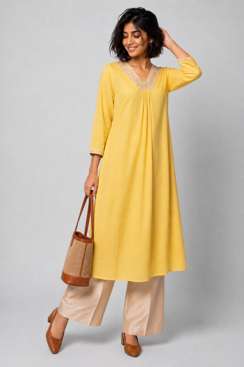 Womens Flared Embroidered Yellow Festive Wear Kurta - Image 6