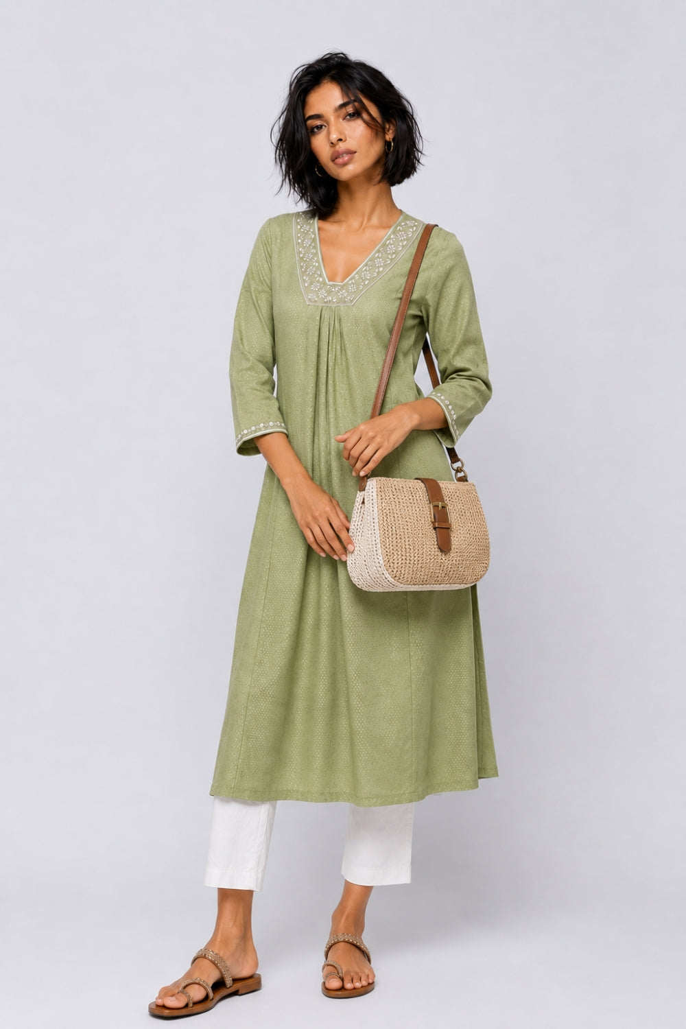 Womens Flared Embroidered Green Festive Wear Kurta - Image 1