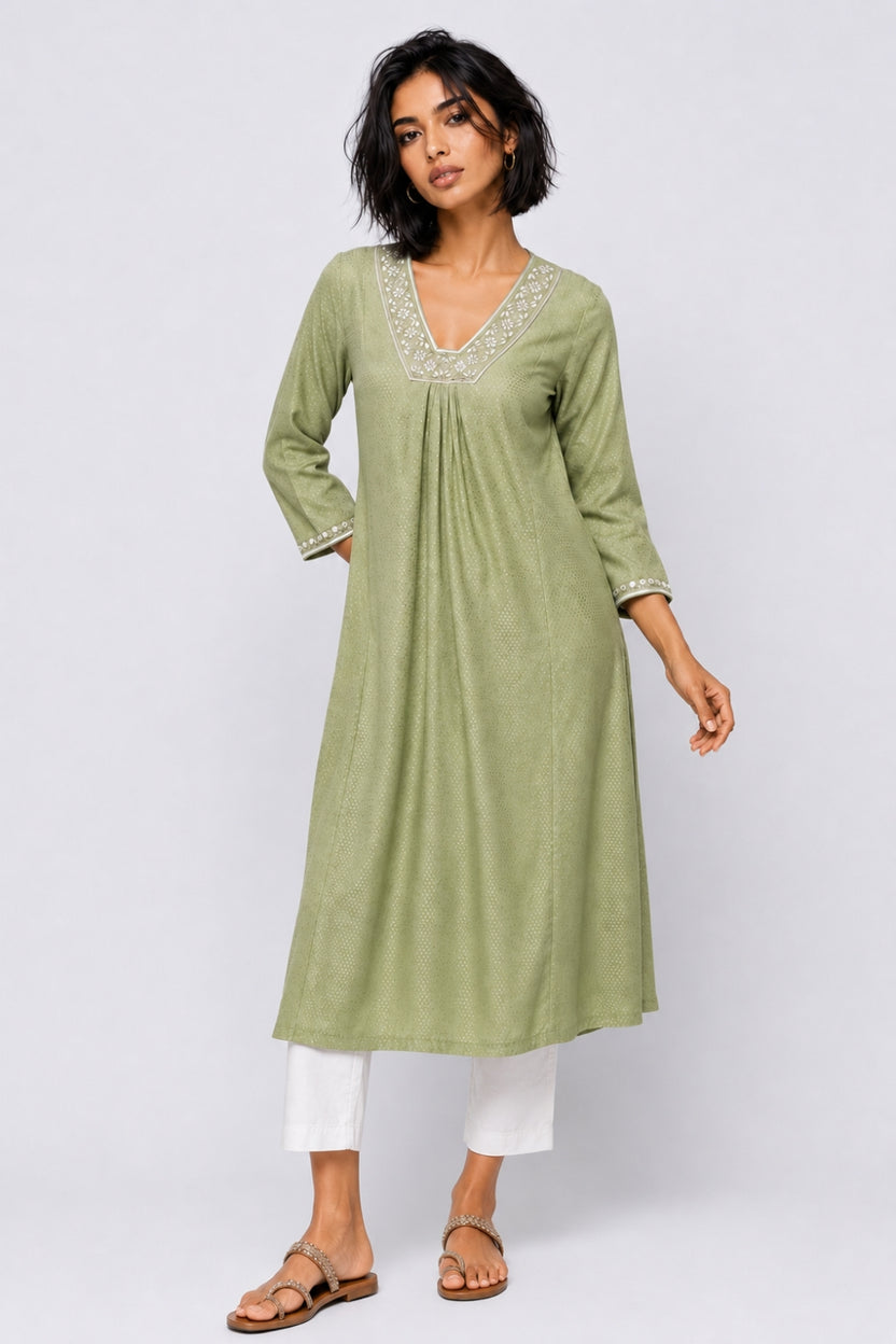 Womens Flared Embroidered Green Festive Wear Kurta - Image 2