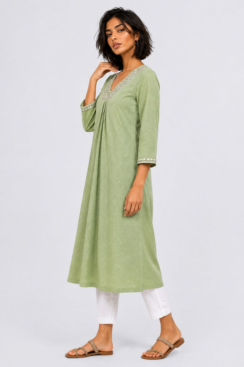 Womens Flared Embroidered Green Festive Wear Kurta - Image 4