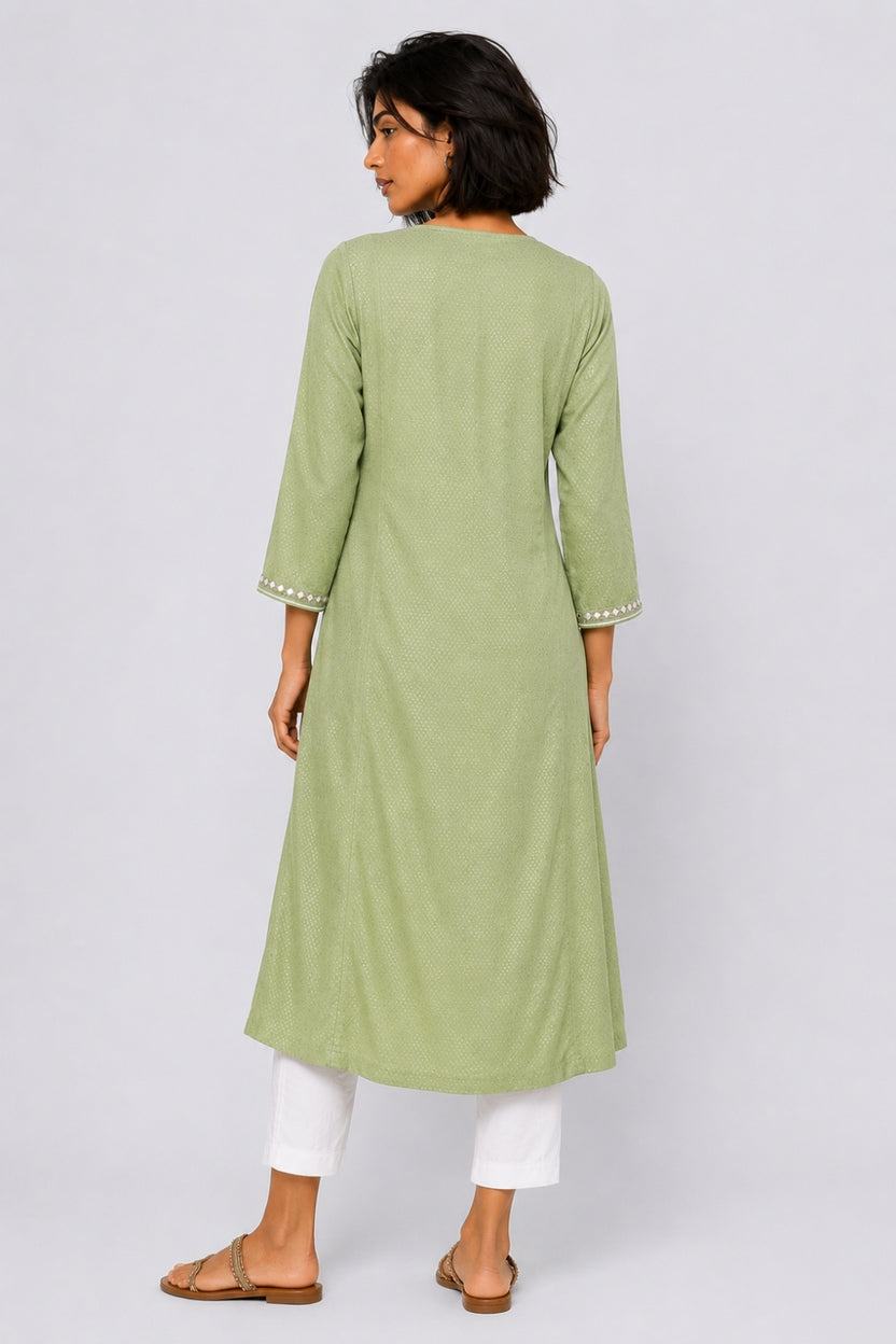Womens Flared Embroidered Green Festive Wear Kurta - Image 5
