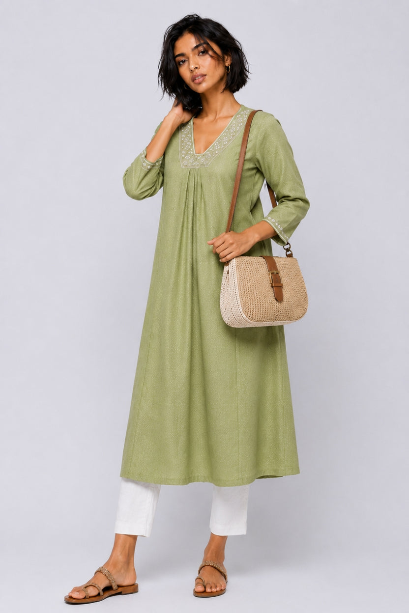 Womens Flared Embroidered Green Festive Wear Kurta - Image 6