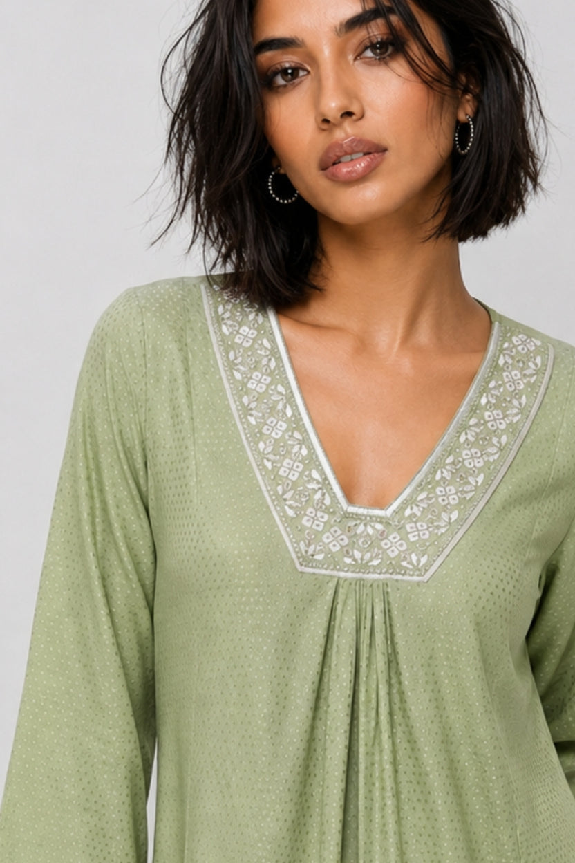 Womens Flared Embroidered Green Festive Wear Kurta - Image 9
