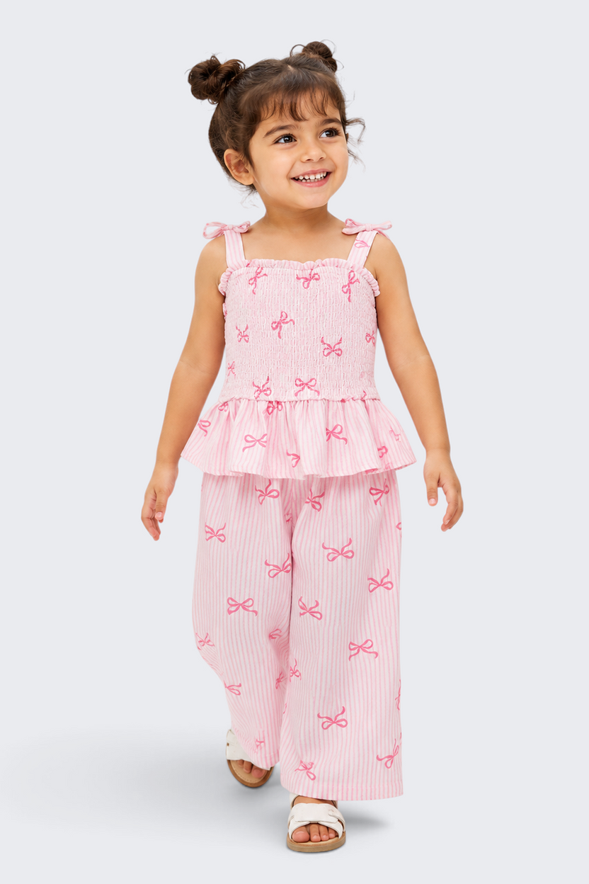Girls Regular Fit Pink Bow Printed Co-ord Set - Image 1