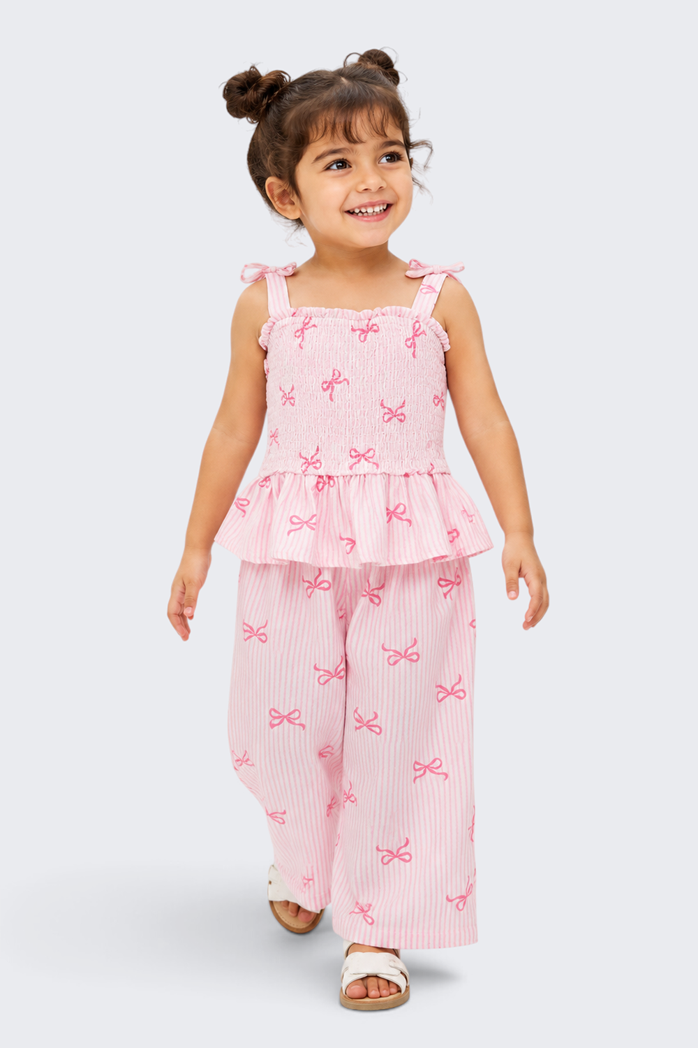 Girls Regular Fit Pink Bow Printed Co-ord Set - Image 1