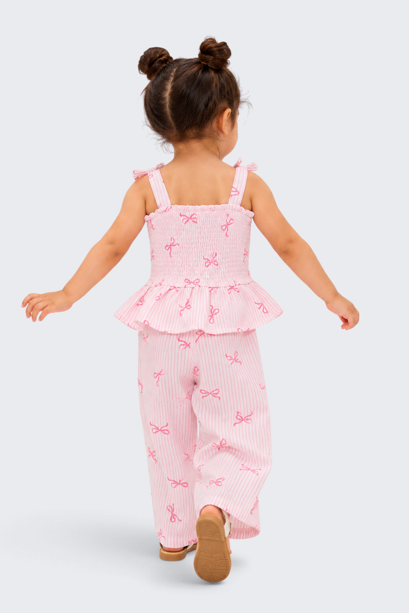 Girls Regular Fit Pink Bow Printed Co-ord Set - Image 4