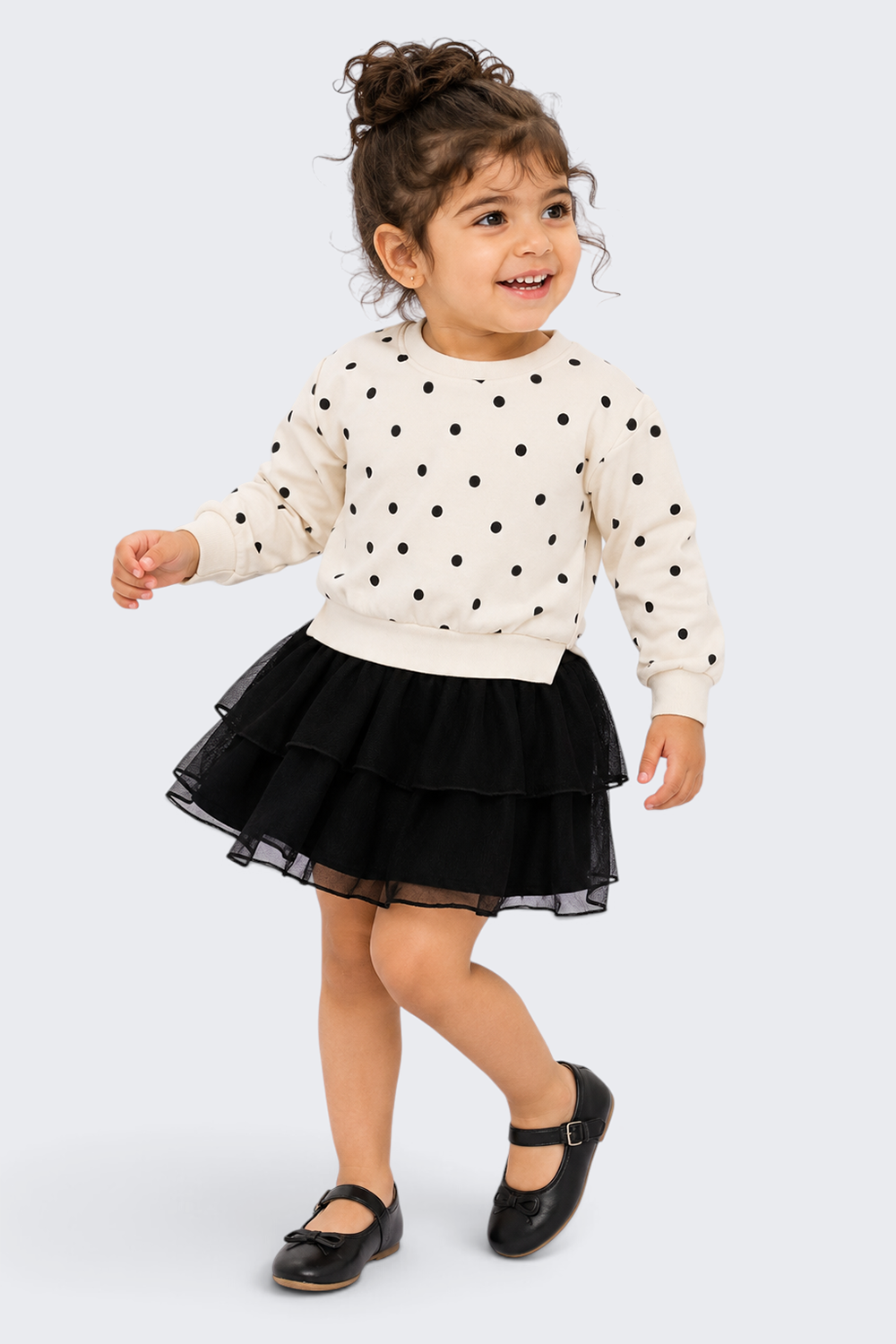Girls Black Polka Dot Flared Tulle Dress - Image 1