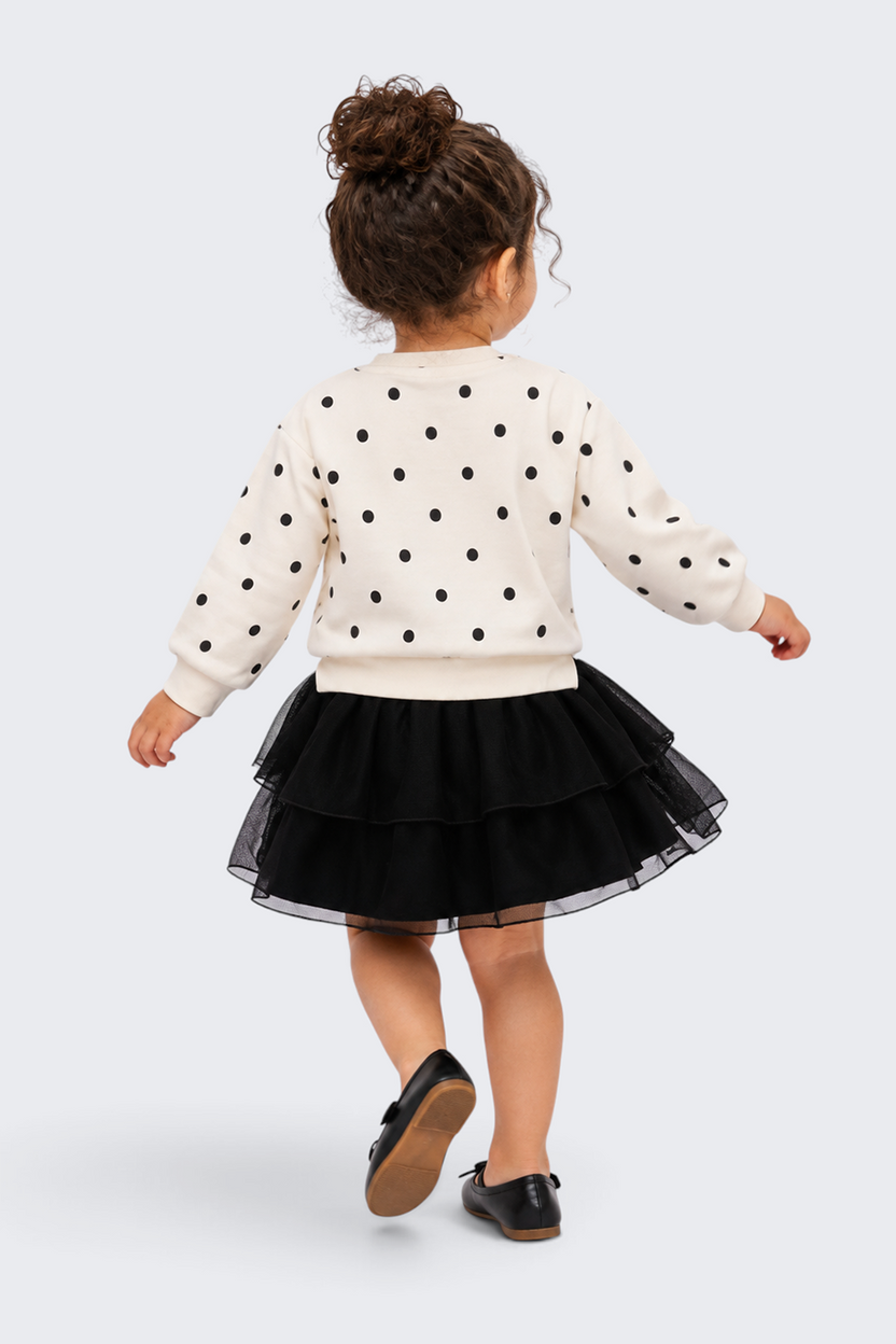 Girls Black Polka Dot Flared Tulle Dress - Image 3