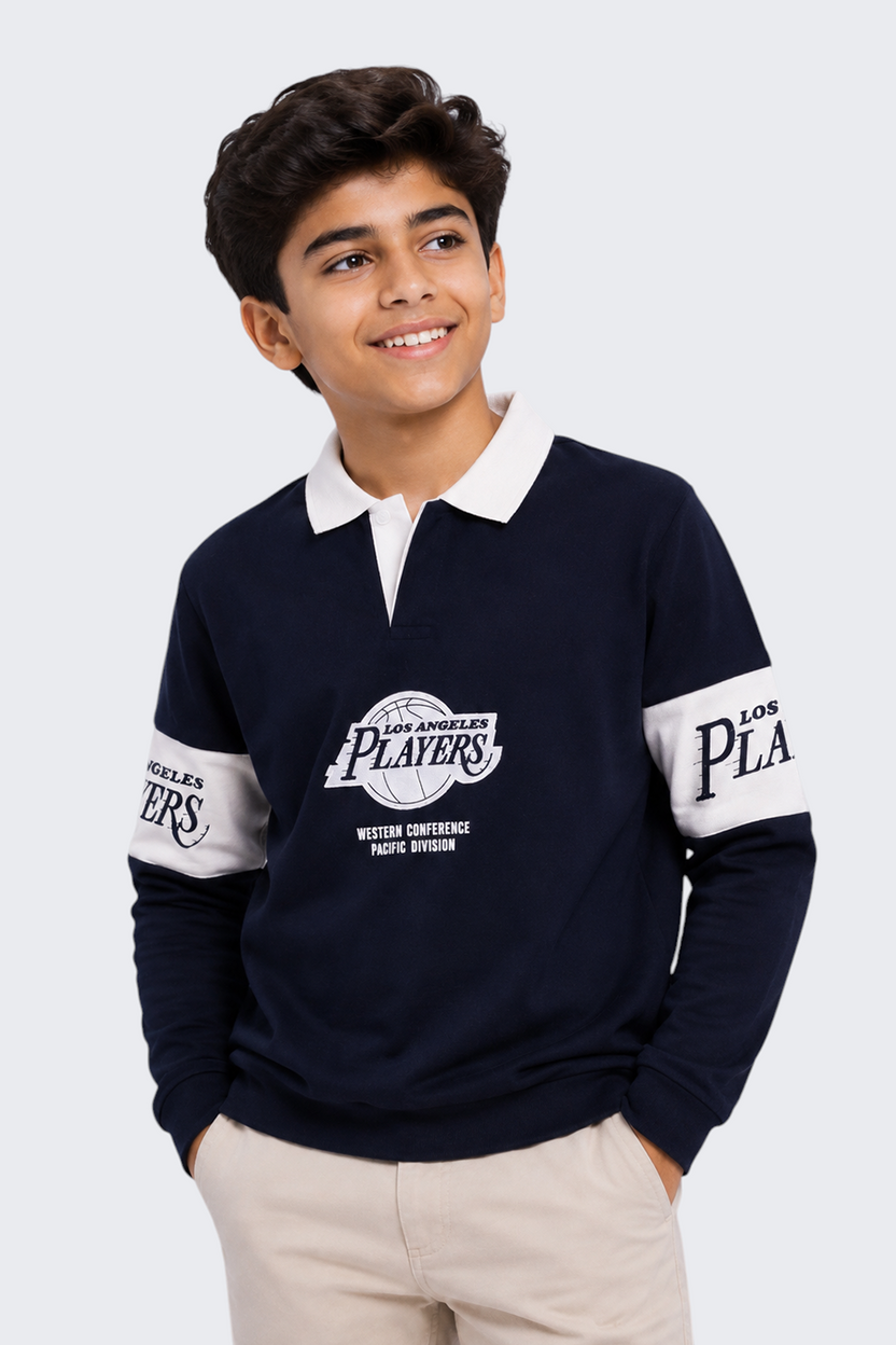 Tweens Boys Navy Logo Polo Collar Sweatshirt - Image 1