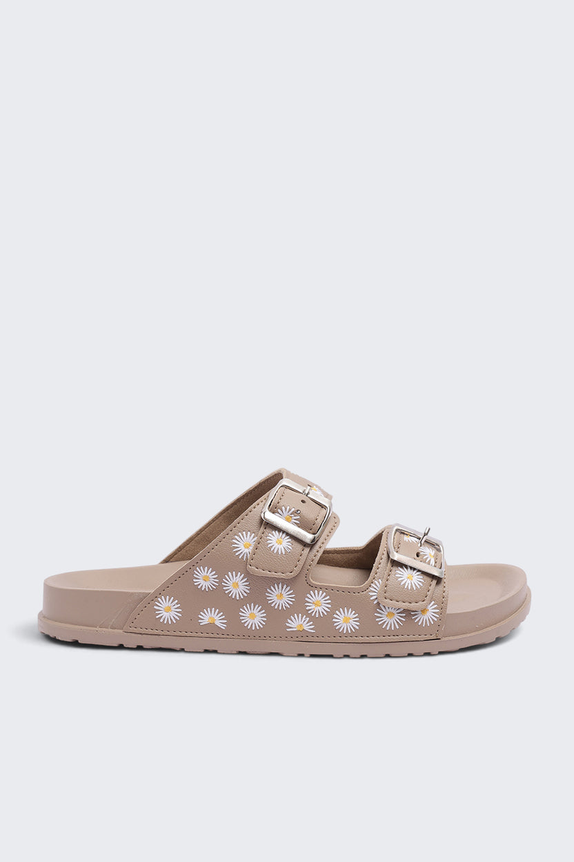 Womens Beige Floral Double Buckle Comfort Sandal - Image 2