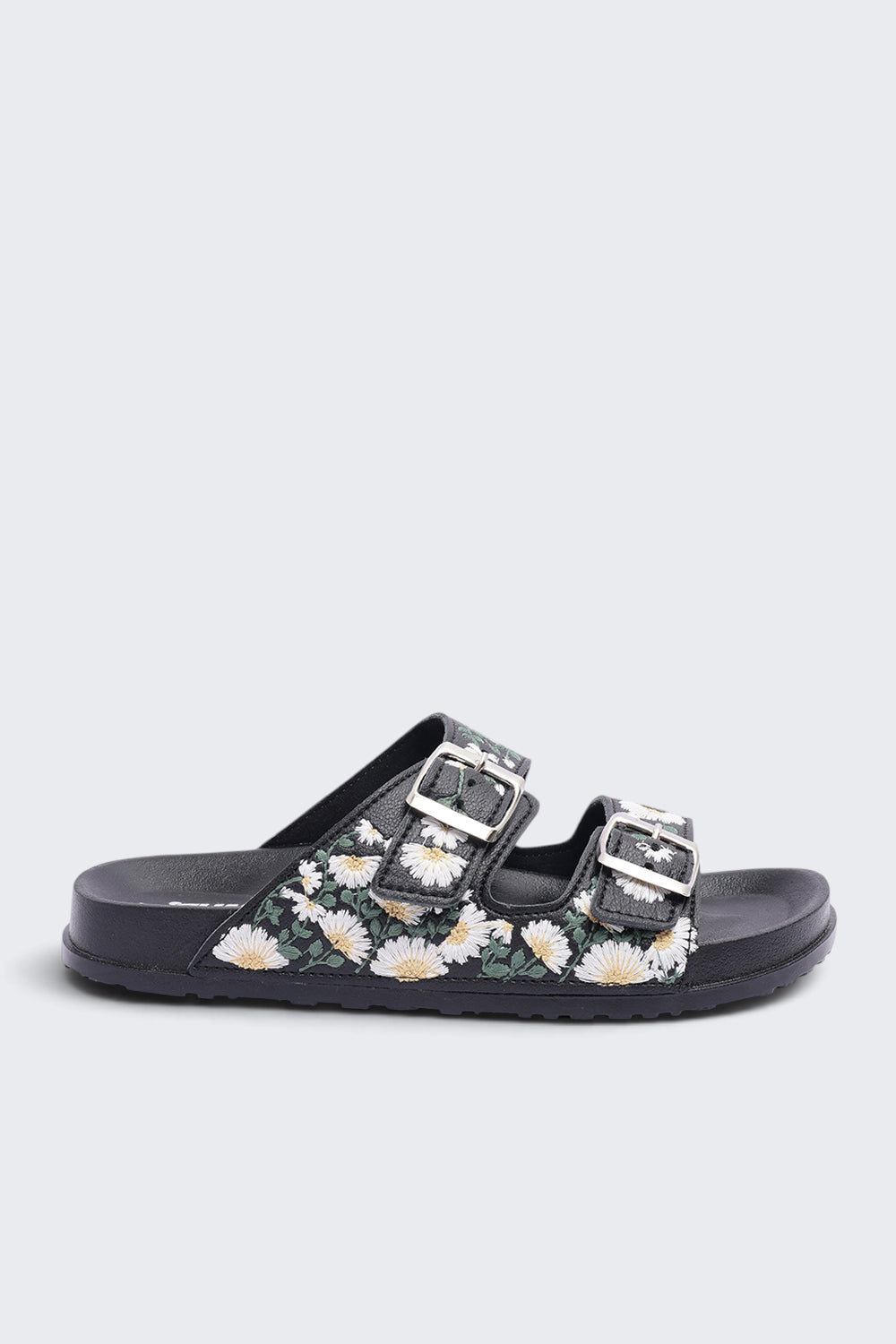 Womens Black Floral Double Buckle Comfort Sandal - Image 2