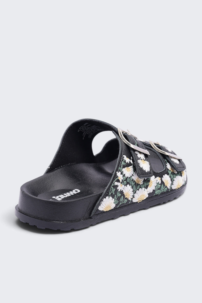 Womens Black Floral Double Buckle Comfort Sandal - Image 3