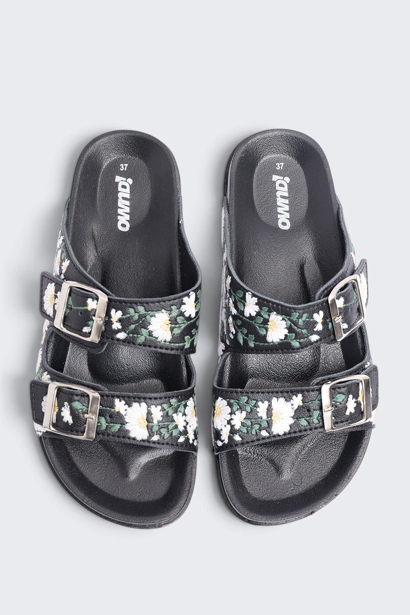 Womens Black Floral Double Buckle Comfort Sandal - Image 4