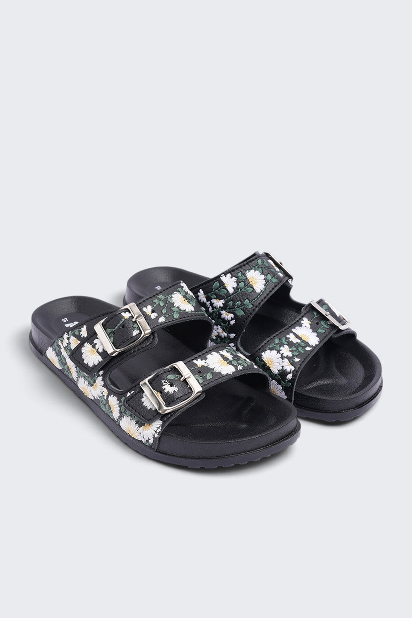 Womens Black Floral Double Buckle Comfort Sandal - Image 6
