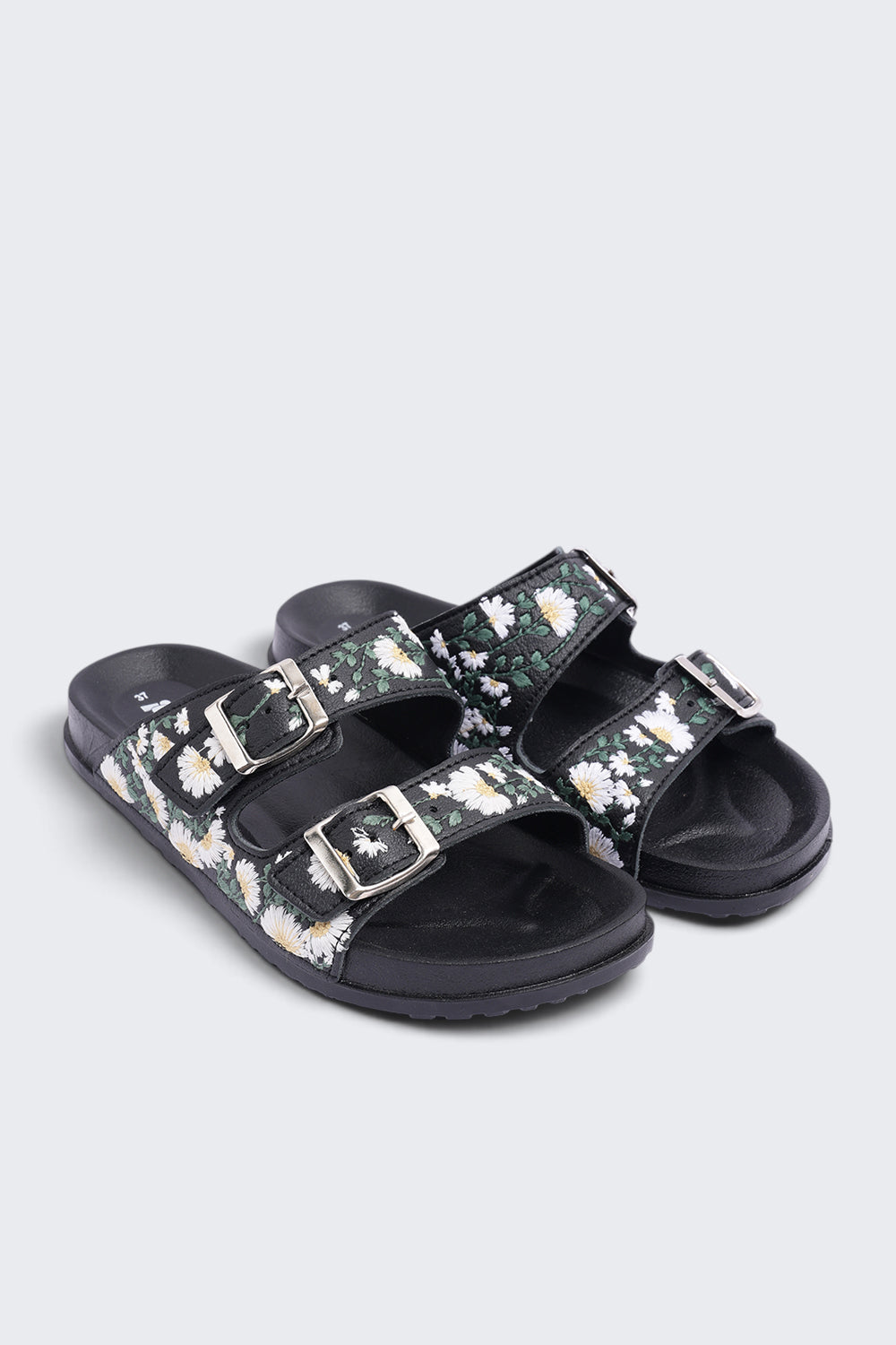 Womens Black Floral Double Buckle Comfort Sandal - Image 6