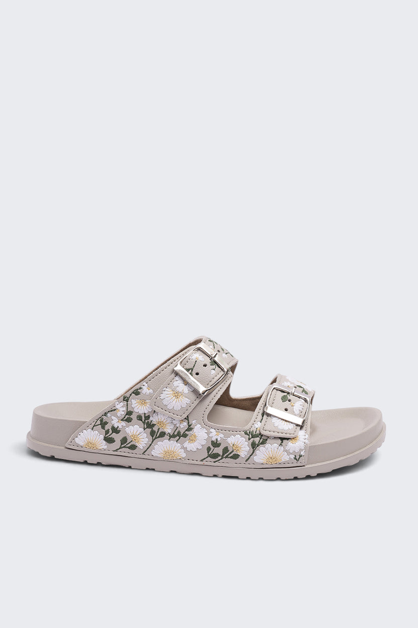 Womens Cream Floral Double Buckle Comfort Sandal - Image 2
