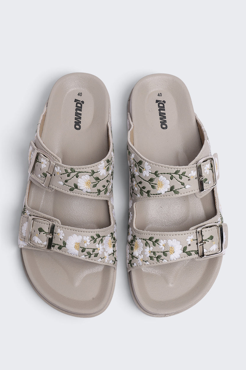 Womens Cream Floral Double Buckle Comfort Sandal - Image 4