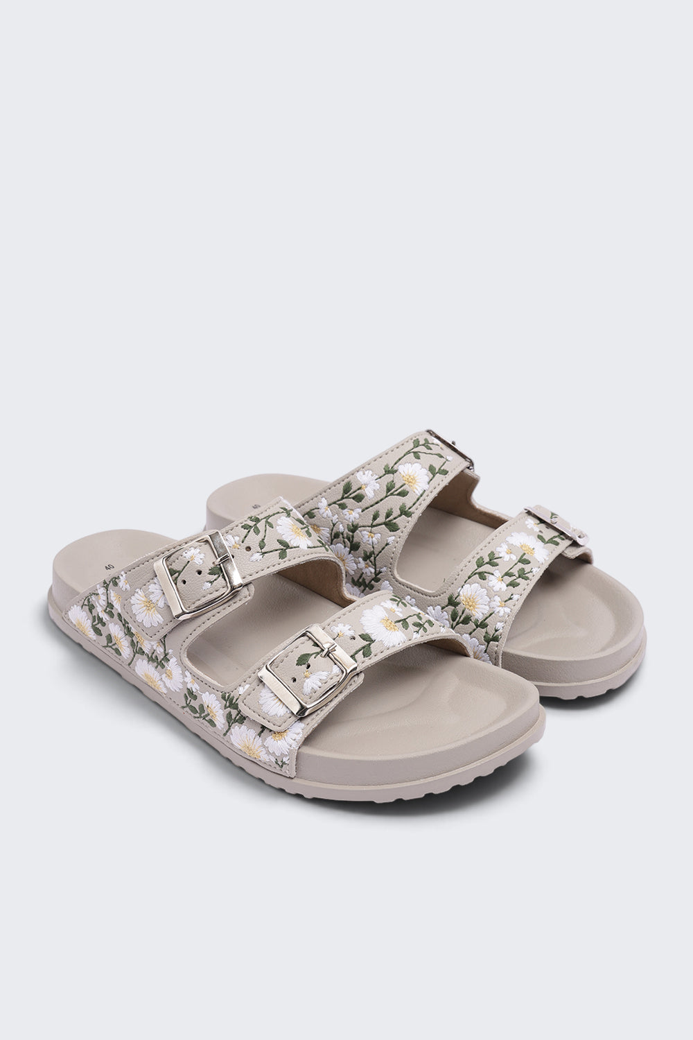 Womens Cream Floral Double Buckle Comfort Sandal - Image 5