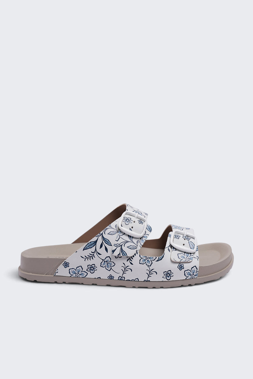 Womens Off White Floral Print Double Buckle Sandal - Image 2