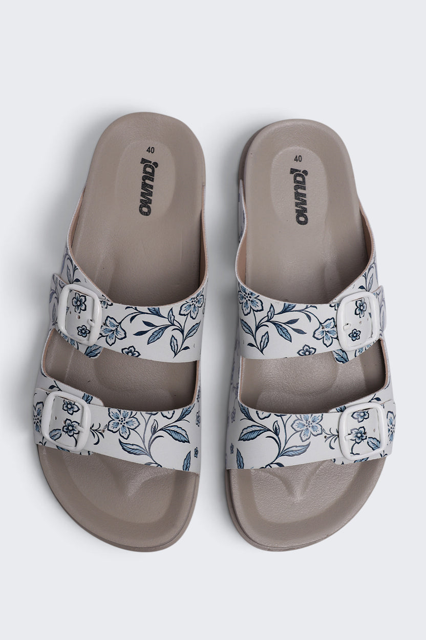 Womens Off White Floral Print Double Buckle Sandal - Image 4