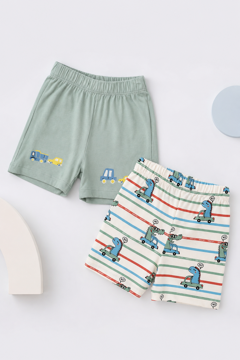Infant Boys Regular Fit Green Dino Graphic Shorts - Pack of 2 - Image 1