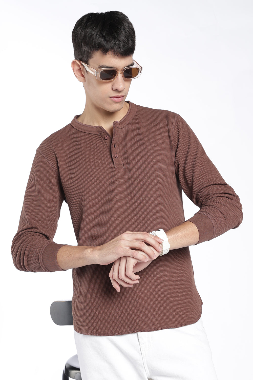 Mens Regular Fit Brown Rib Henley Sweatshirt - Image 1