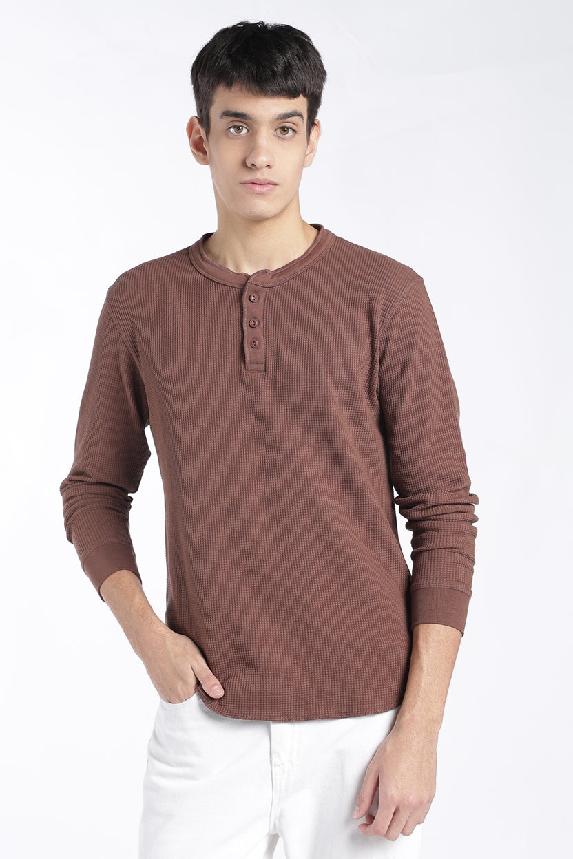 Mens Regular Fit Brown Rib Henley Sweatshirt - Image 2
