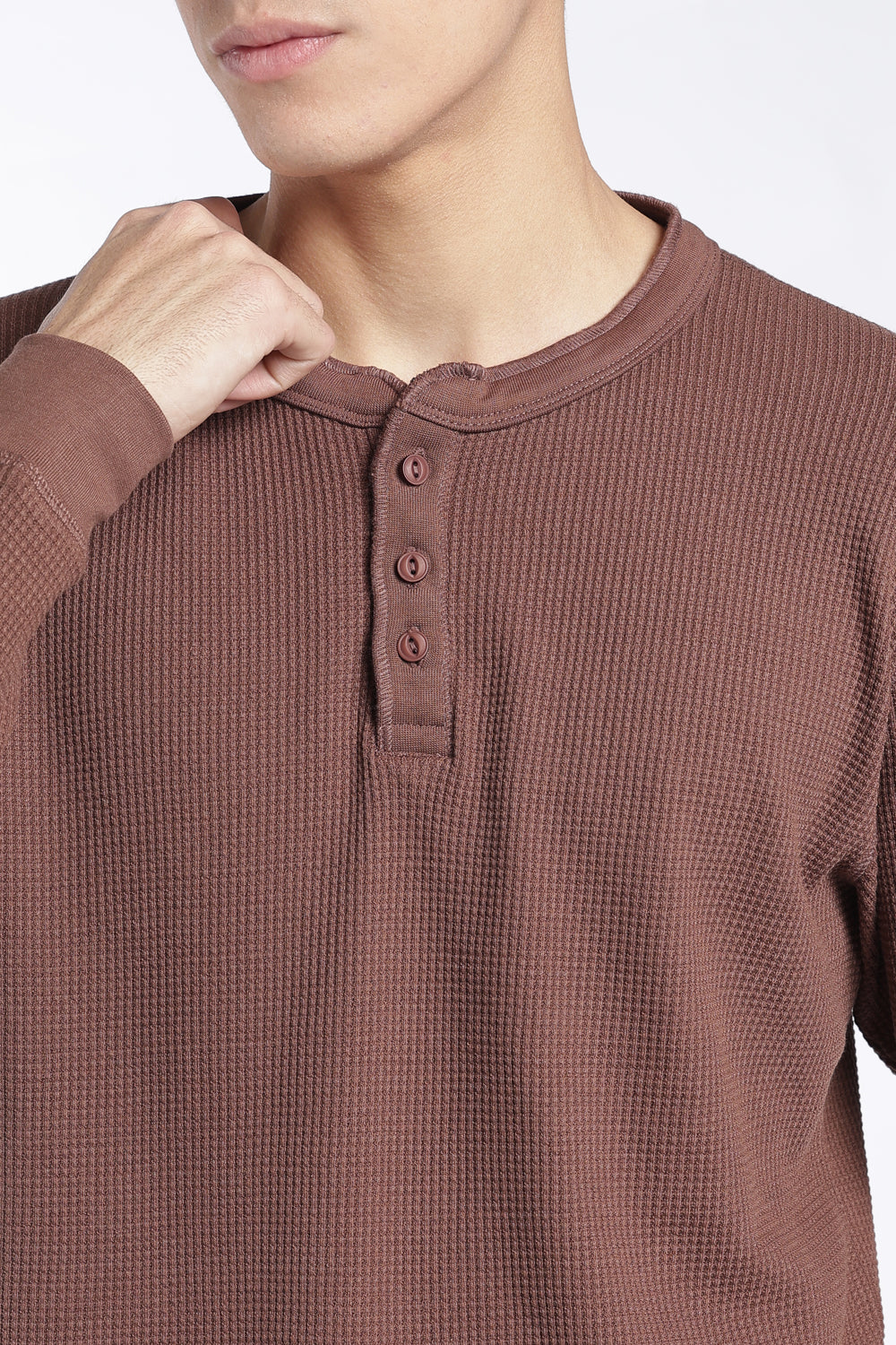Mens Regular Fit Brown Rib Henley Sweatshirt - Image 3