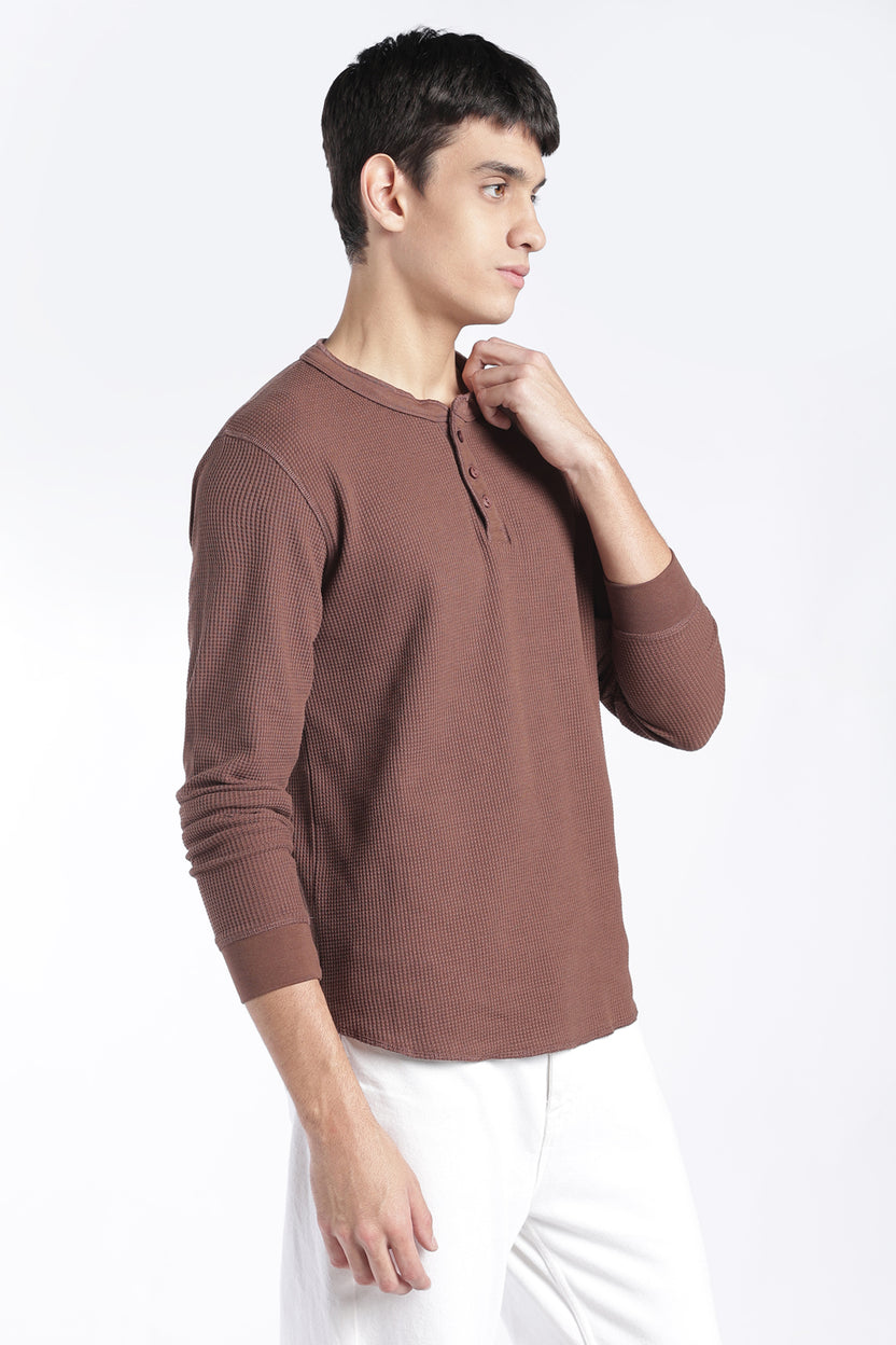 Mens Regular Fit Brown Rib Henley Sweatshirt - Image 4