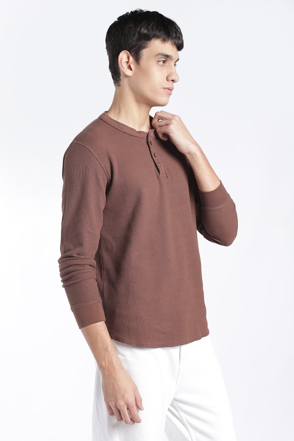 Mens Regular Fit Brown Rib Henley Sweatshirt - Image 4