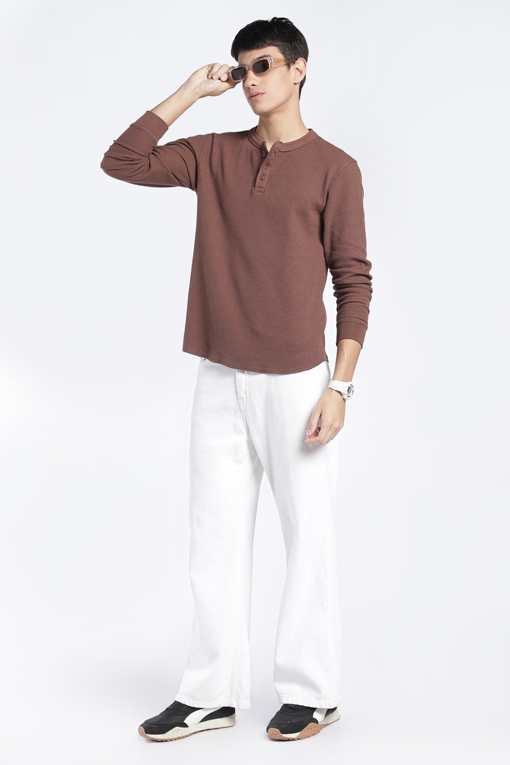 Mens Regular Fit Brown Rib Henley Sweatshirt - Image 6